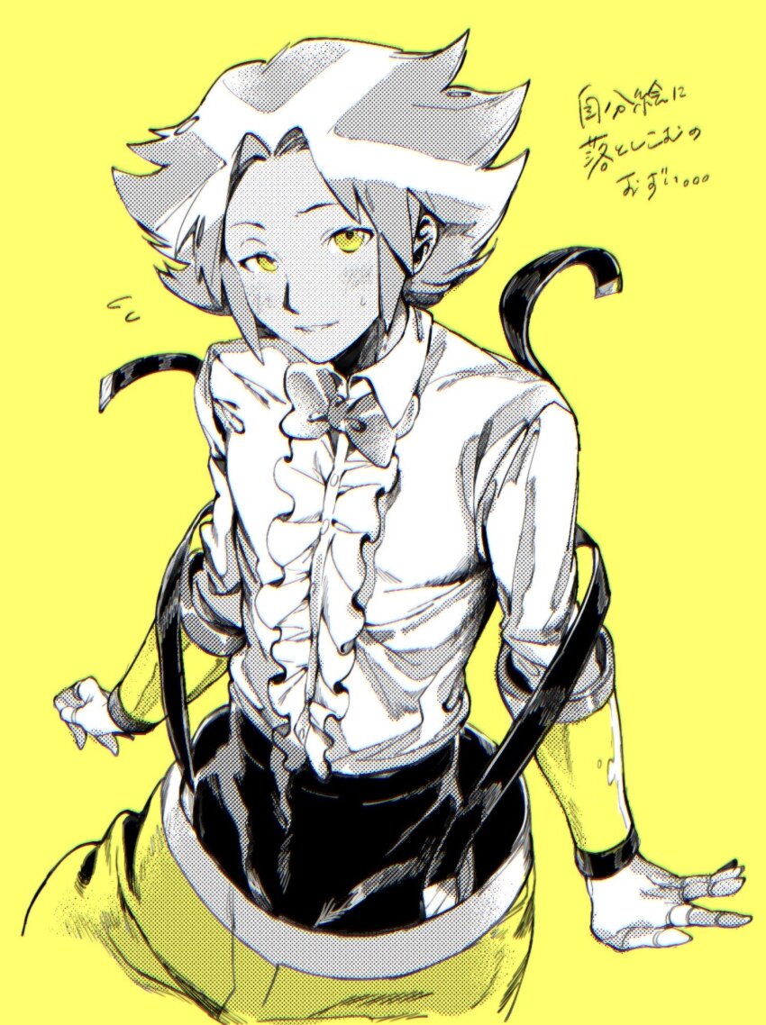 1boy, arm_support, center_frills, dress_shirt, ex_(puyopuyo), frills, greyscale_with_colored_background, highres