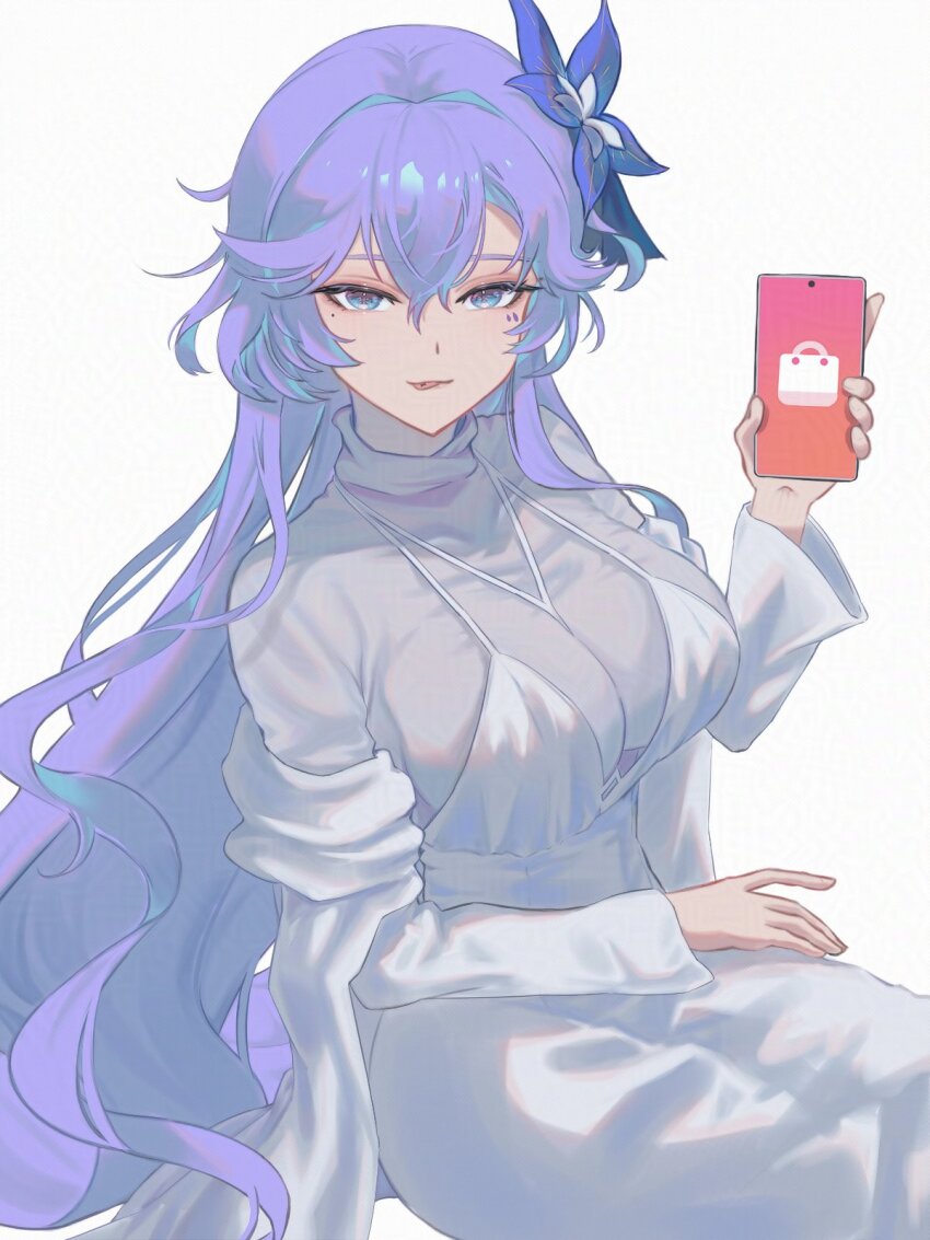 1girl, :p, adversarial_noise, blue_eyes, blue_flow, breasts, cantarella_(wuthering_waves), cellphone