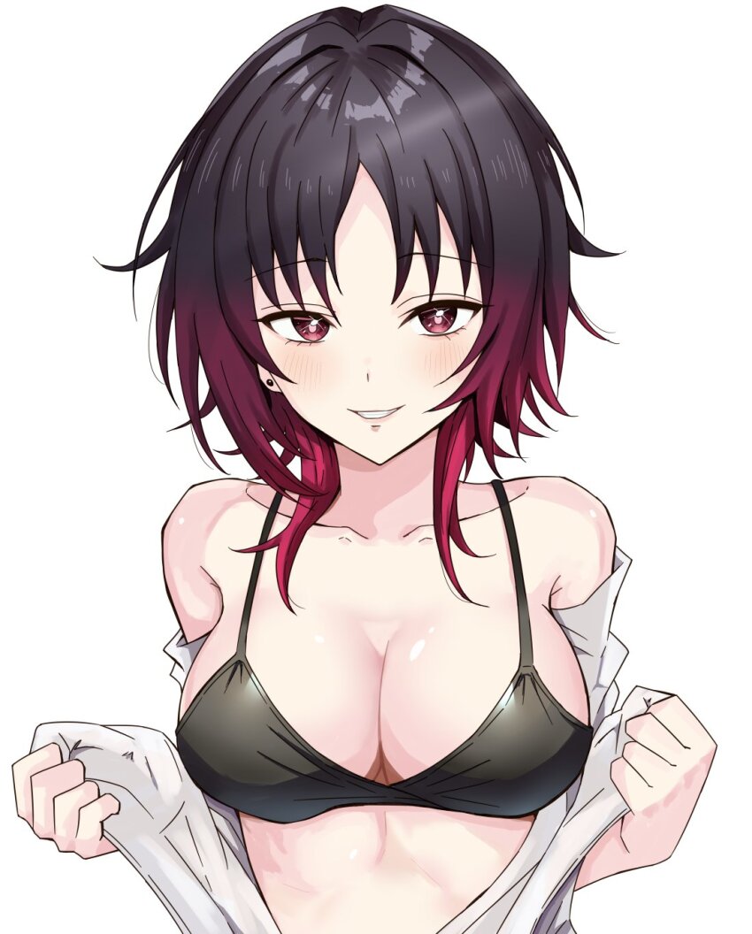 1girl, black_bra, black_hair, blush, bra, breasts, gradient_hair, grin