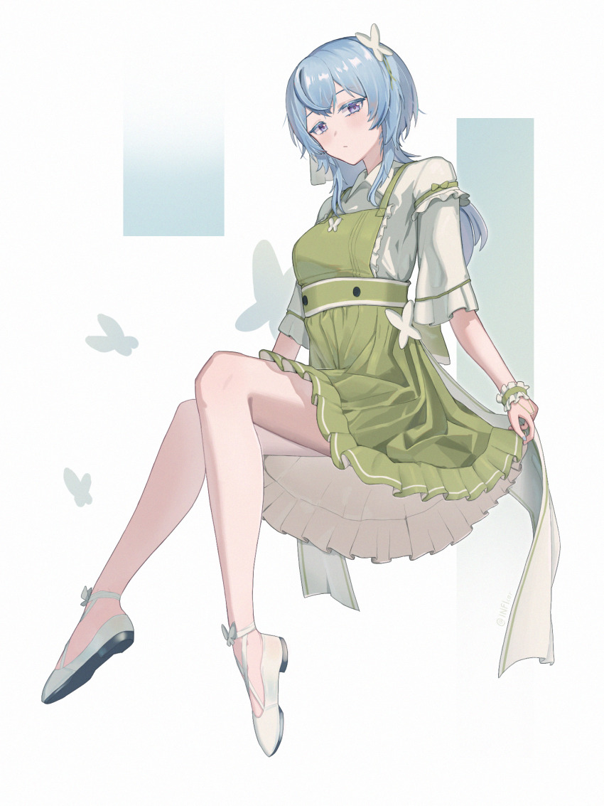 1girl, alternate_costume, blue_hair, blush, breasts, closed_mouth, collared_shirt, colored_eyelashes