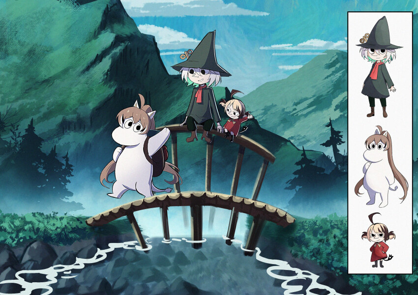 3girls, absurdres, ahoge, backpack, bag, black_pants, bridge, brown_hair, cd_usr, cecilia_immergreen, colored_inner_hair, commentary, cosplay, dress, english_commentary, forest, full_body, gigi_murin, grass, green_hair, green_hat, green_shirt, hat, high_ponytail, highres, hololive, hololive_english, huge_ahoge, little_my, little_my_(cosplay), moomin, moomintroll, moomintroll_(cosplay), mountain, multicolored_hair, multiple_girls, nanashi_mumei, nature, outdoors, pants, pointy_nose, ponytail, red_dress, red_scarf, river, scarf, shirt, sitting, smile, snufkin, snufkin_(cosplay), streaked_hair, tree, v-shaped_eyebrows, virtual_youtuber, waving, white_hair, winding_key