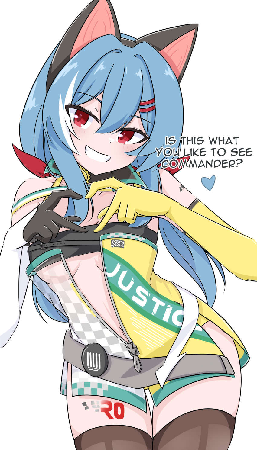 1girl, absurdres, alternate_hair_length, alternate_hairstyle, animal_ears, asymmetrical_gloves, bare_shoulders, blue_hair, blush, boots, breast_strap, breasts, cat_ears, colphne_(girls'_frontline_2), cosplay, detached_collar, dress, elbow_gloves, english_text, girls'_frontline, girls'_frontline_2:_exilium, gloves, grin, hair_between_eyes, hair_ornament, hairclip, hands_up, heart, heart_hands, highres, hip_focus, leaning_forward, long_hair, looking_at_viewer, medium_breasts, midriff, mismatched_gloves, navel, navel_peek, partially_unzipped, red_eyes, risu_(risu028), ro635_(girls'_frontline), ro635_(girls'_frontline)_(cosplay), robella_(future_navigator)_(girls'_frontline_2), robella_(girls'_frontline_2), see-through_clothes, see-through_dress, sleeveless, sleeveless_dress, small_breasts, smile, solo, standing, strapless, strapless_dress, teasing, thigh_boots, thigh_gap, thighs, tube_dress, twintails, underboob, very_long_hair