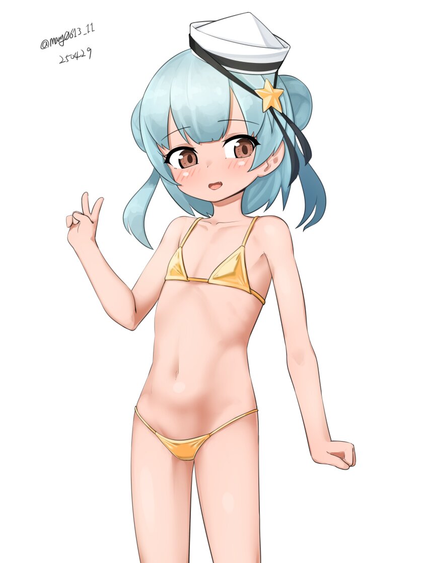1girl, absurdres, bikini, blue_hair, brown_eyes, dated, dixie_cup_hat, double_bun