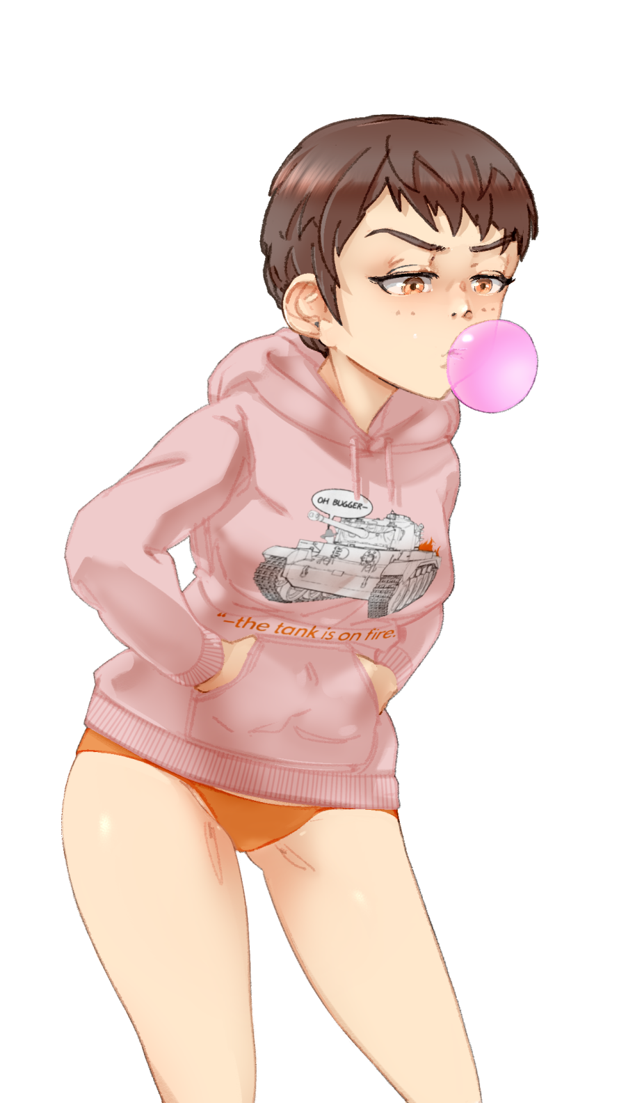 1girl, alternate_costume, bloomers, blowing_bubble_gum, blowing_bubbles, breasts, brown_eyes, brown_hair