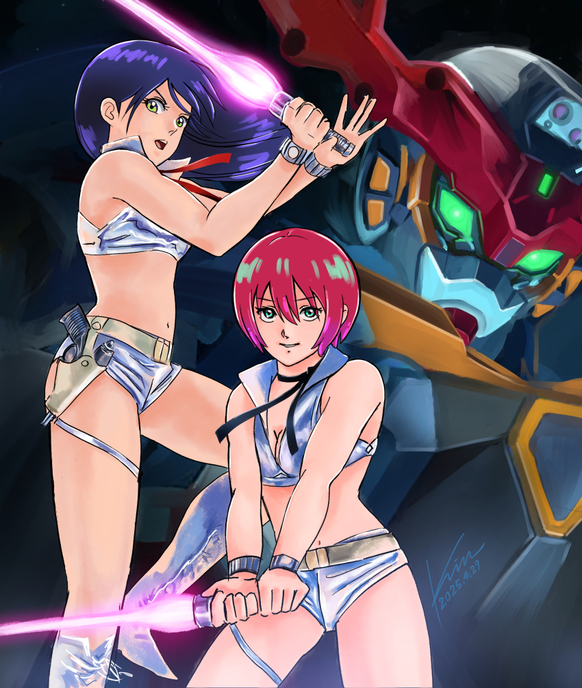 2girls, absurdres, amate_yuzuriha, aqua_eyes, black_hair, boots, breasts, commentary_request