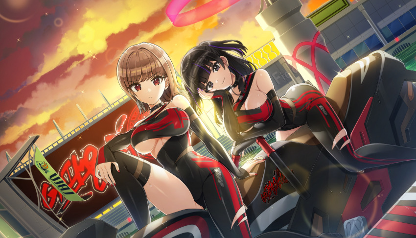 2girls, asymmetrical_clothes, asymmetrical_legwear, bare_shoulders, black_bodysuit, black_choker, black_hair, blunt_bangs