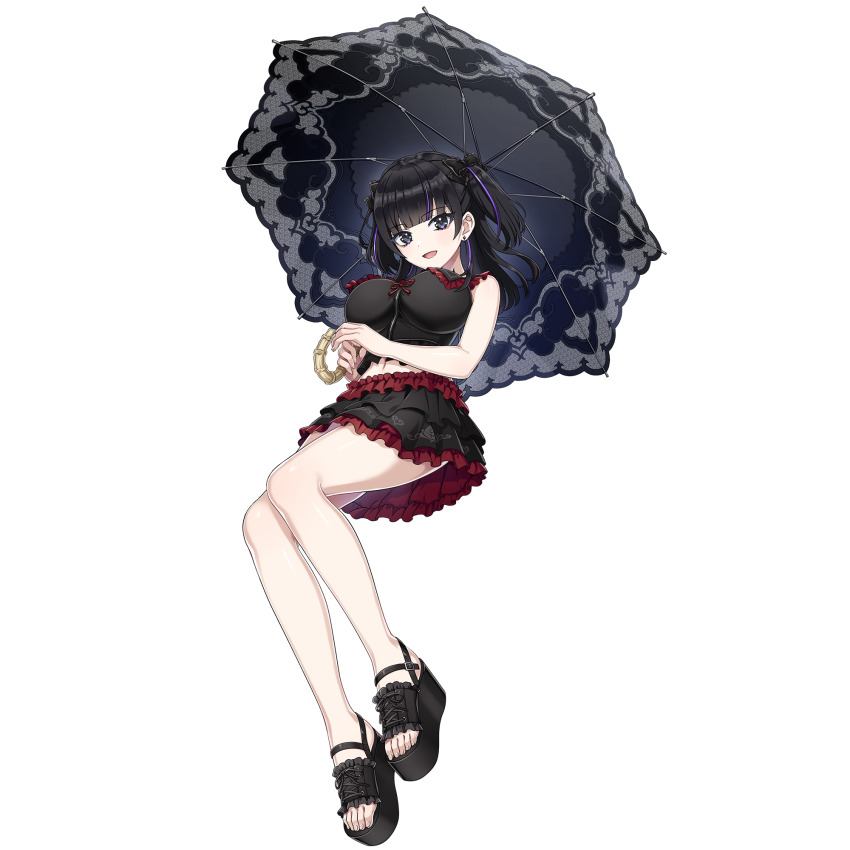 1girl, bikini, bikini_skirt, black_bikini, black_eyes, black_hair, black_shoes, breasts