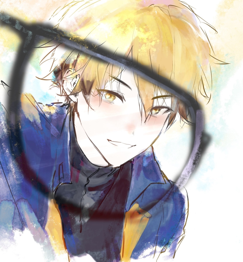 1boy, black_shirt, blonde_hair, blue_jacket, blush, chinese_commentary, glasses, grin