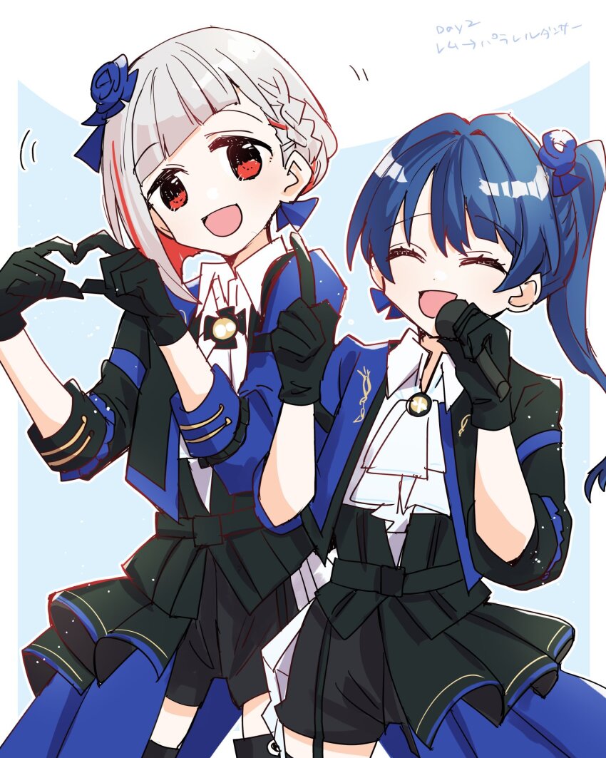 2girls, 4th_live_dream_~bloom_the_dream_believers~, :d, ^_^, arrow_(symbol), ascot, asymmetrical_hair, black_gloves