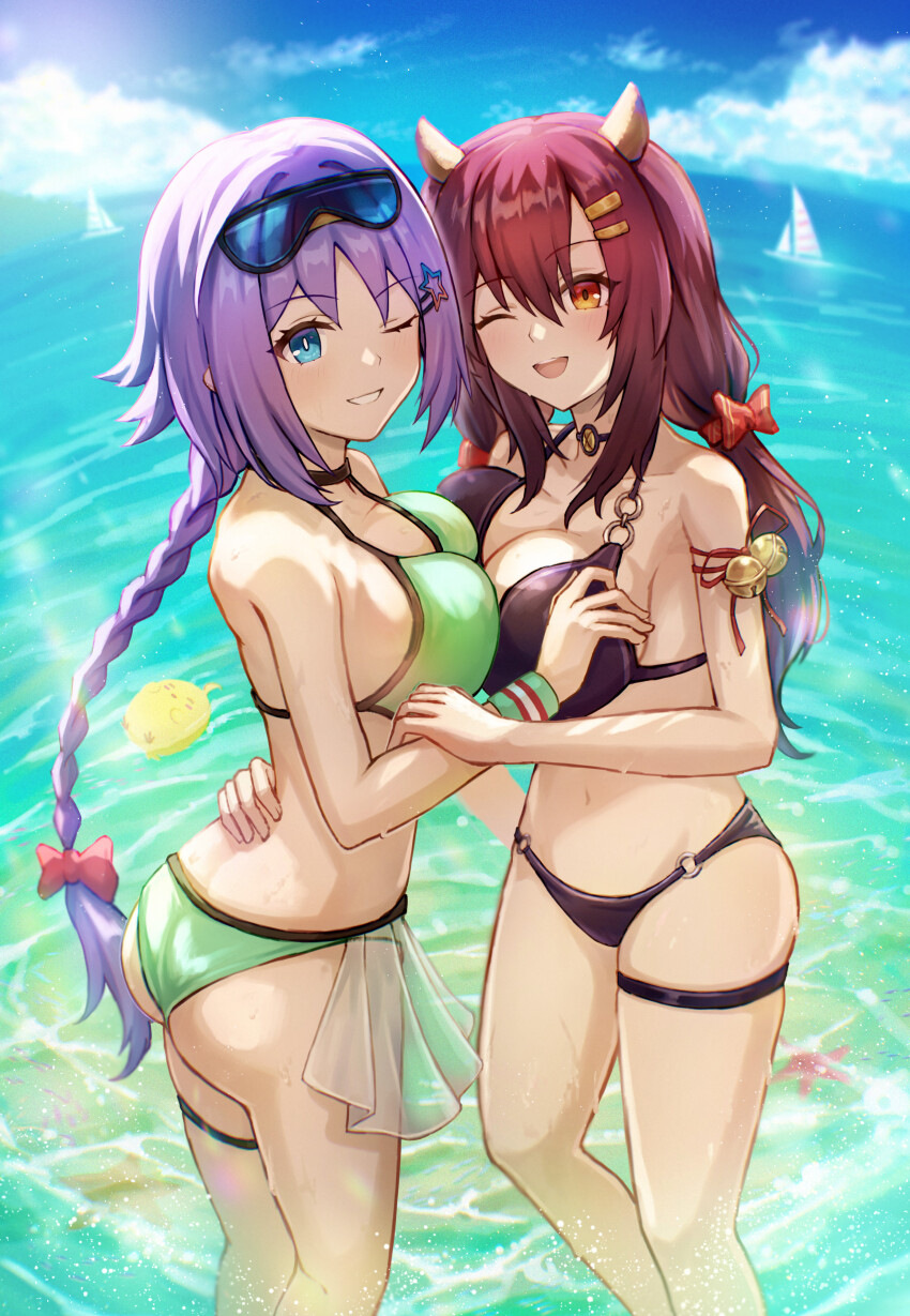 ;d, absurdres, ass, azur_lane, bikini, black_bikini, blue_hair, breast_press