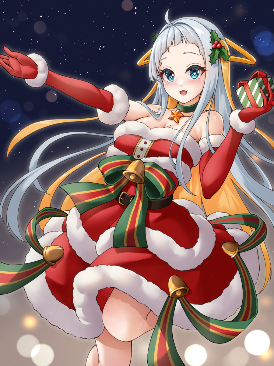 1girl, ahoge, bare_shoulders, bell, blue_eyes, blush, box, breasts