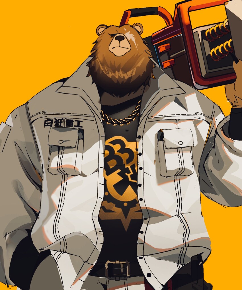 1boy, animal_ears, bara, bear_boy, bear_ears, ben_bigger, black_tank_top, brown_fur