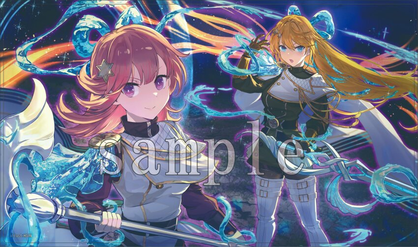 2girls, absurdres, blonde_hair, blue_eyes, breasts, closed_mouth, dress, duel_monster