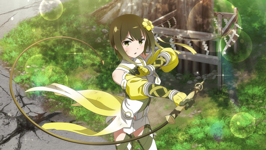 brown_hair, flower, hair_flower, hair_ornament, magical_girl, official_art, petals, ribbon