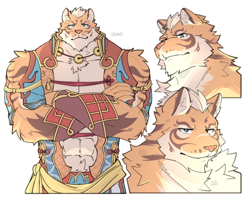 1boy, abs, animal_ears, artist_name, bara, biceps, animal_nose, chinese_clothes, closed_mouth, commentary, crossed_arms, dododoonut, english_commentary, furry, furry_male, highres, lin_hu_(nekojishi), looking_at_viewer, looking_to_the_side, male_focus, multiple_views, muscular, muscular_male, nekojishi, orange_fur, pectoral_cleavage, pectorals, profile, smile, tiger_boy, tiger_ears, tiger_stripes, upper_body
