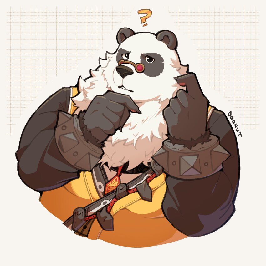 1boy, ?, animal_ears, artist_name, bara, black_fur, bracelet, chinese_clothes, claws, dododoonut, furry, furry_male, hand_on_own_chin, highres, jewelry, looking_at_viewer, male_focus, multicolored_fur, open_mouth, pan_yinhu, panda_boy, panda_ears, pawpads, round_eyewear, scratching_cheek, shirt, spiked_bracelet, spikes, white_fur, yellow_shirt, zenless_zone_zero