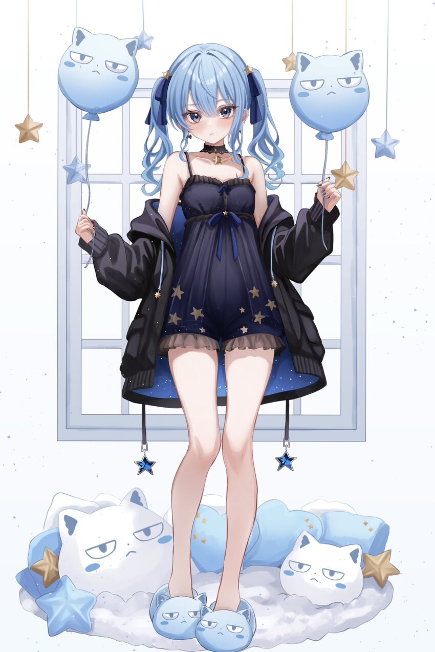 1girl, animal_slippers, balloon, bare_legs, black_dress, black_jacket, black_nightgown, blue_eyes