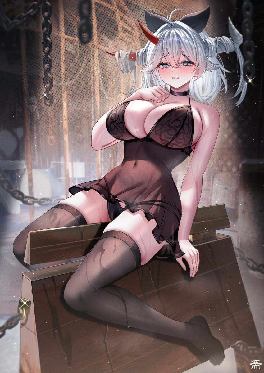 1girl, absurdres, asymmetrical_horns, azur_lane, bare_arms, bare_shoulders, black_choker, black_panties, black_thighhighs, breasts, choker, cleavage, covered_navel, full_body, grey_eyes, grey_horns, hakuryuu_(azur_lane), hakuryuu_(four_fine_layers)_(azur_lane), highres, horns, large_breasts, long_hair, looking_at_viewer, mismatched_horns, panties, parted_lips, red_horns, sitting, sweat, tansuan_(ensj3875), thighhighs, thighs, underwear