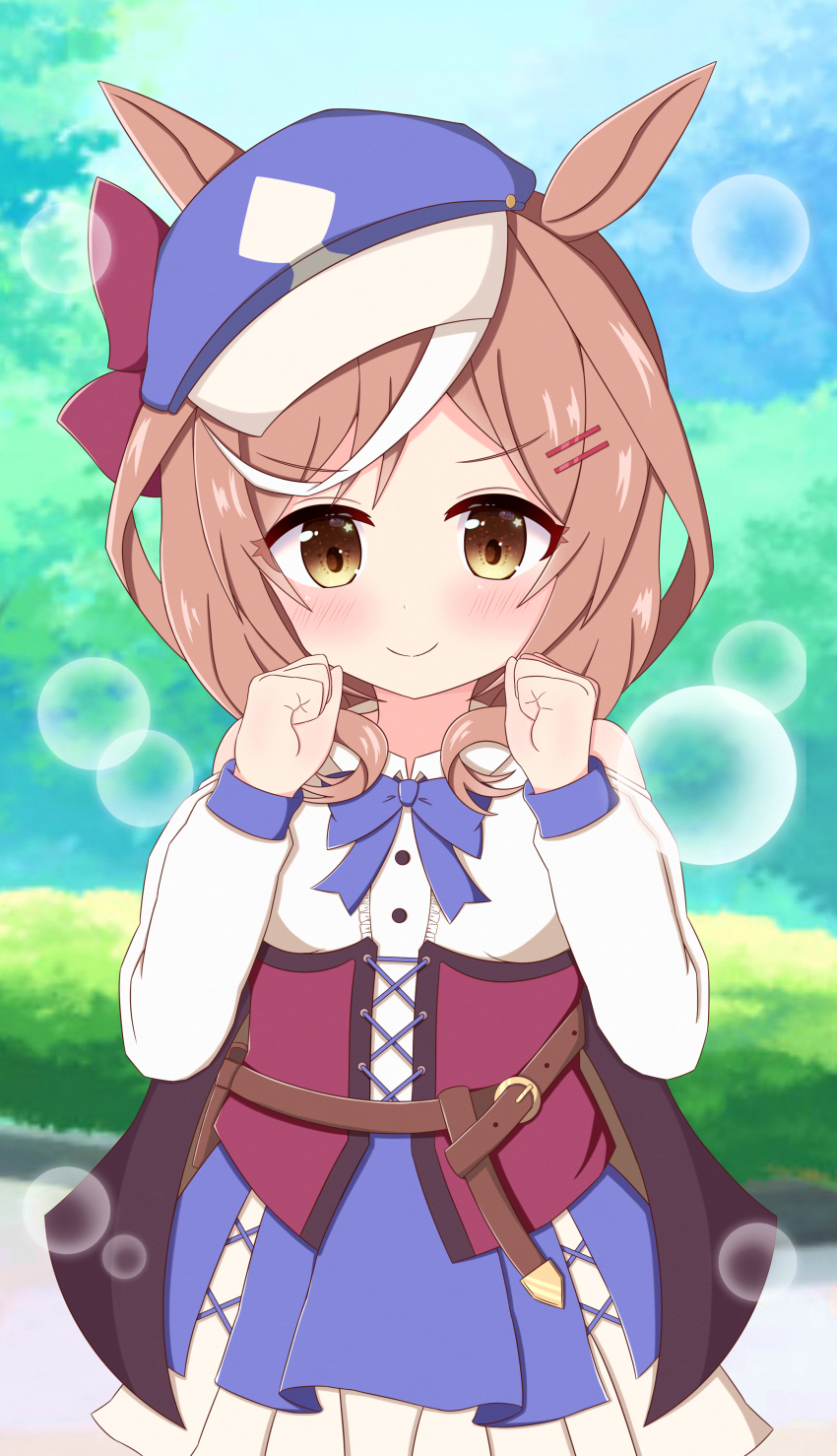 1girl, absurdres, animal_ears, blurry, blurry_background, blush, bow, brown_eyes, brown_hair, cape, closed_mouth, day, hair_ornament, hairclip, hat, highres, long_sleeves, looking_at_viewer, matikanetannhauser_(clippety-tippety-clop)_(umamusume), matikanetannhauser_(umamusume), neprain, outdoors, shirt, skirt, smile, solo, umamusume, white_shirt