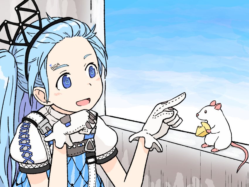 1girl, ads_(girls'_frontline), blue_eyes, blue_hair, cheese, food, forehead, girls'_frontline, gloves, hair_ornament, head_rest, highres, long_hair, mouse_(animal), one_side_up, open_mouth, pointing, puffy_short_sleeves, puffy_sleeves, sagaemina, short_sleeves, solo, symbol-shaped_pupils, upper_body, white_gloves