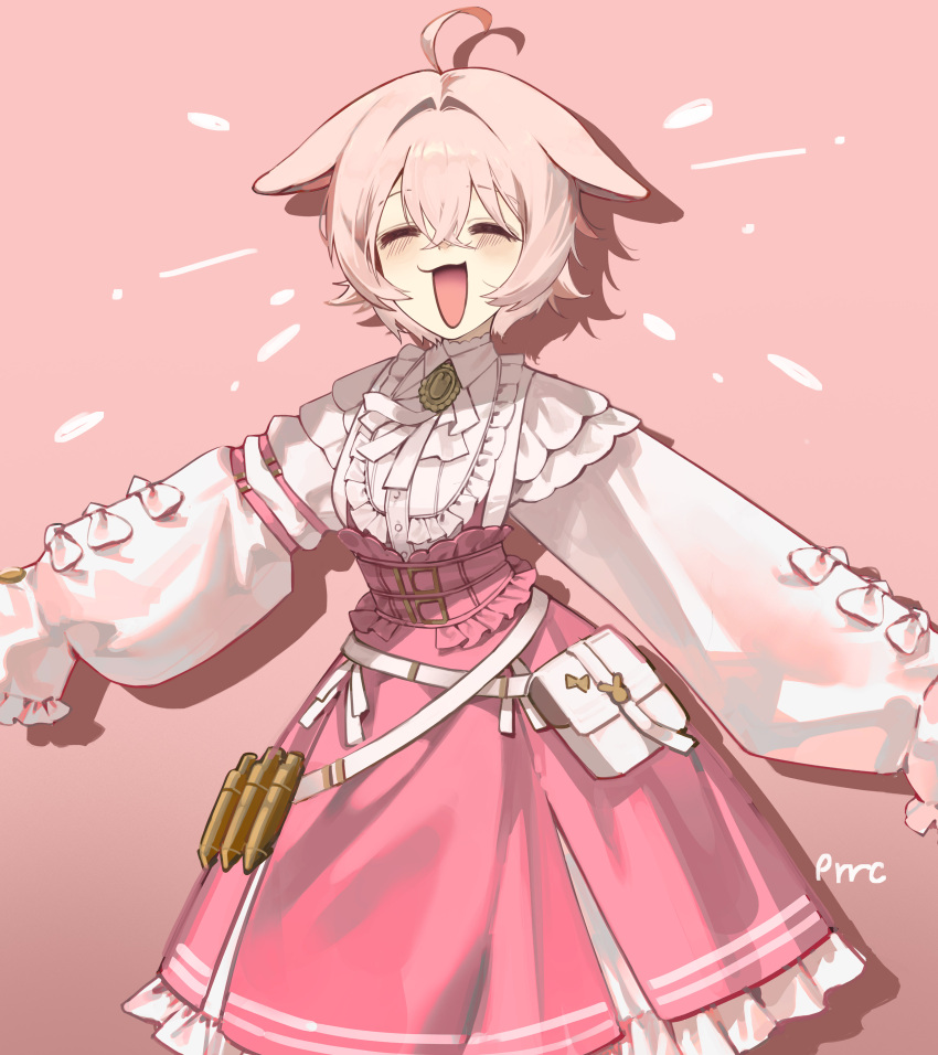 1girl, absurdres, ahoge, animal_ears, belt_pouch, bow, buttons, closed_eyes