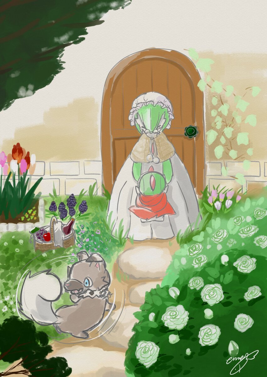 absurdres, basket, blue_eyes, bob_cut, brown_fur, bush, colored_skin, door