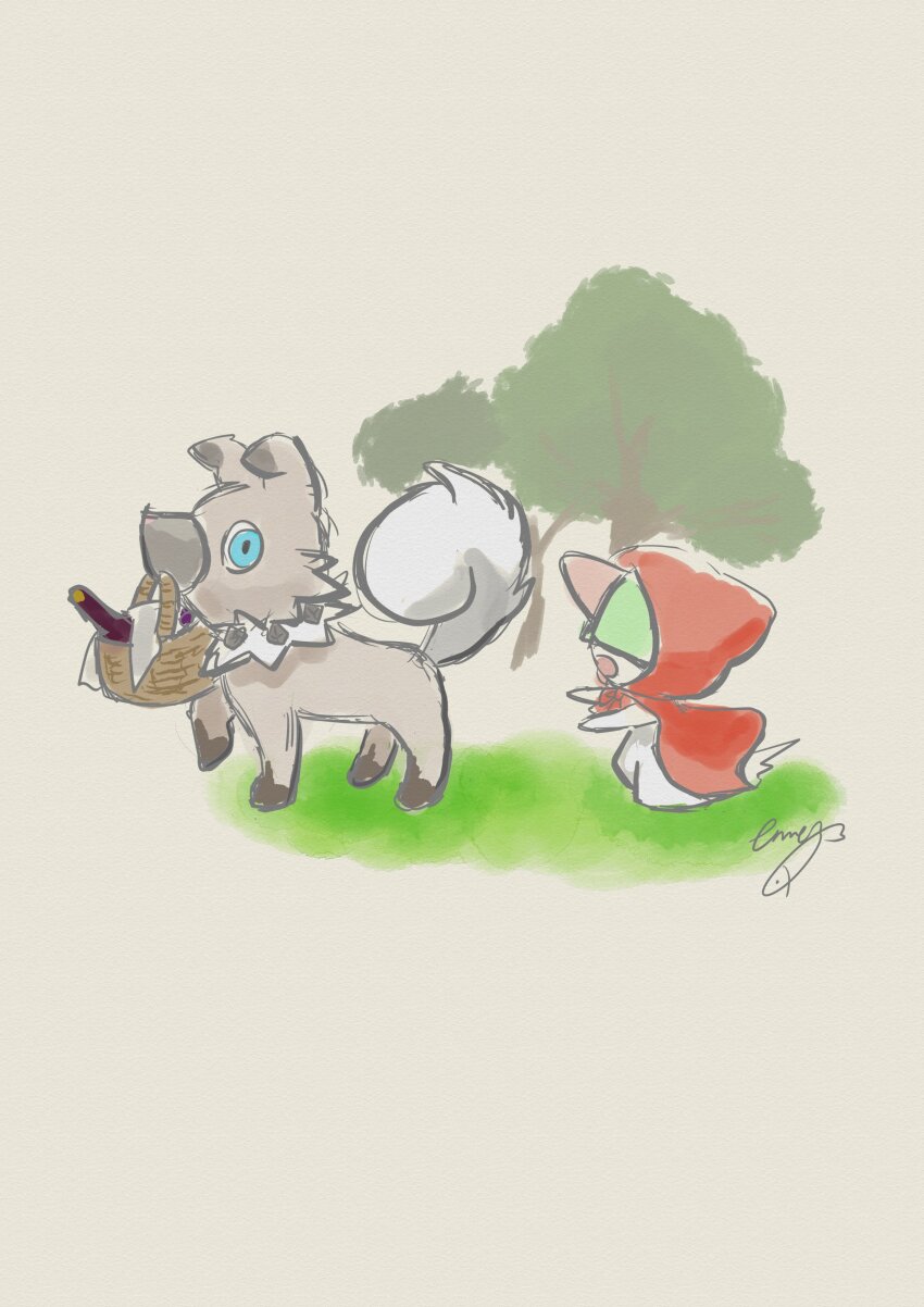 absurdres, basket, blue_eyes, bowl_cut, brown_background, brown_fur, colored_skin, eme_ko