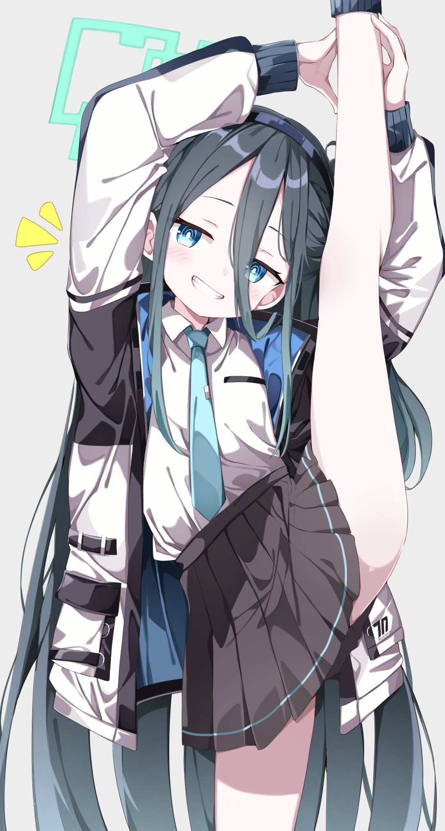 1girl, aqua_halo, aris_(blue_archive), black_hair, black_hairband, black_skirt, blue_archive, blue_eyes