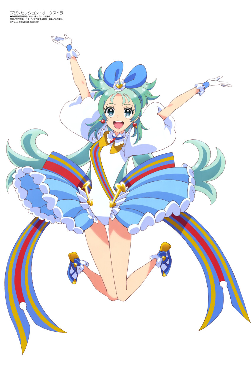 1girl, :d, absurdres, aqua_hair, arms_up, blue_bow, blue_eyes, bow