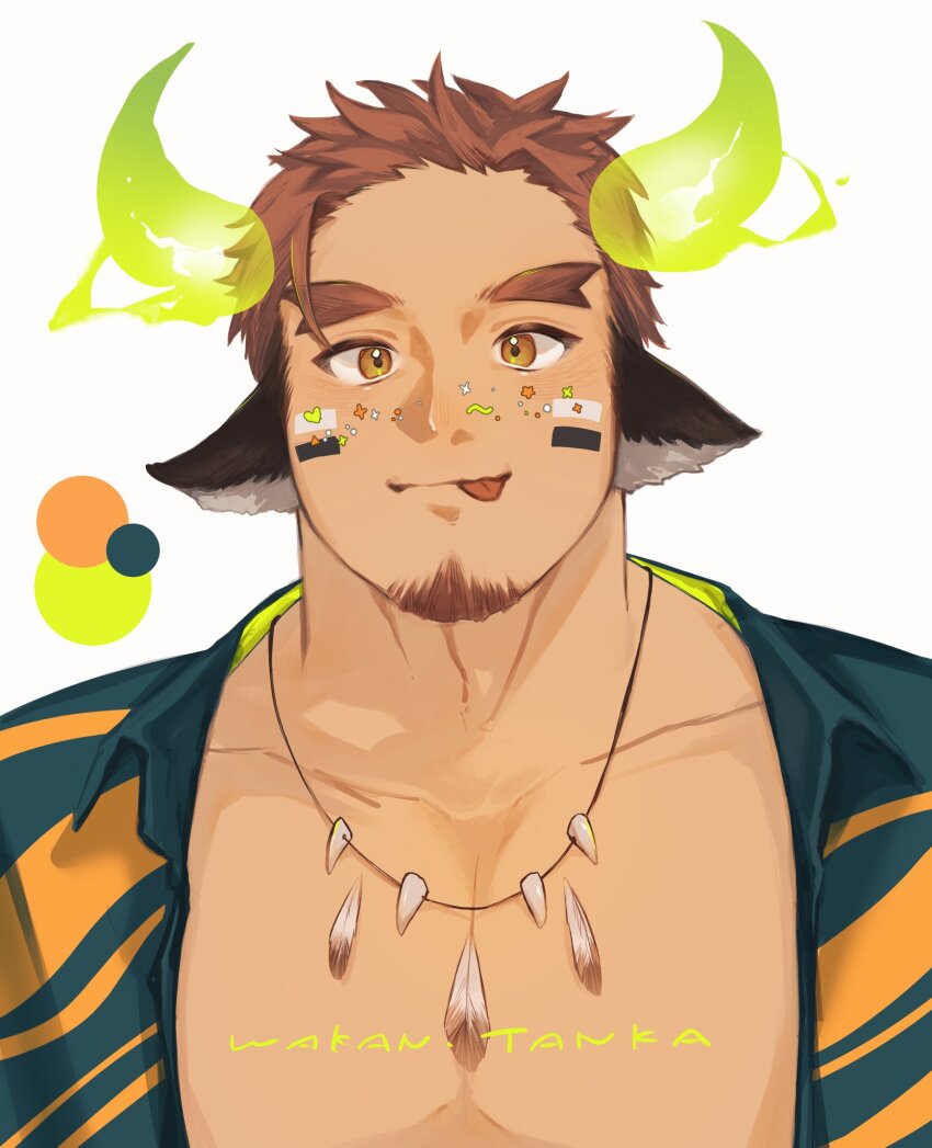 1boy, animal_ears, bara, cow_boy, cow_ears, cow_horns, facial_hair, feather_necklace