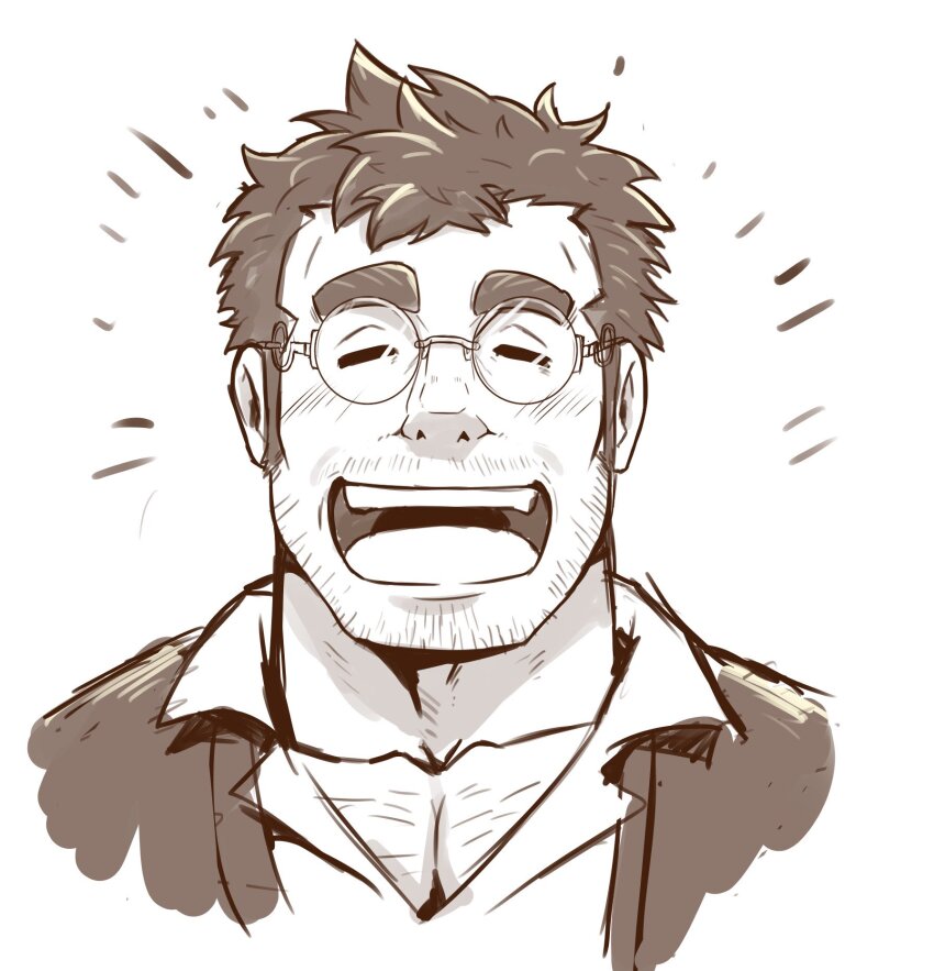 1boy, =_=, bara, blush, chest_hair, collared_shirt, crave_saga, cropped_torso, facial_hair, glasses, greyscale, happy_aura, highres, jeron_(crave_saga), kazuo_tashishi, male_focus, mature_male, monochrome, mustache_stubble, pectoral_cleavage, pectorals, round_eyewear, shirt, short_hair, smile, solo, sparse_chest_hair, stubble, thick_eyebrows