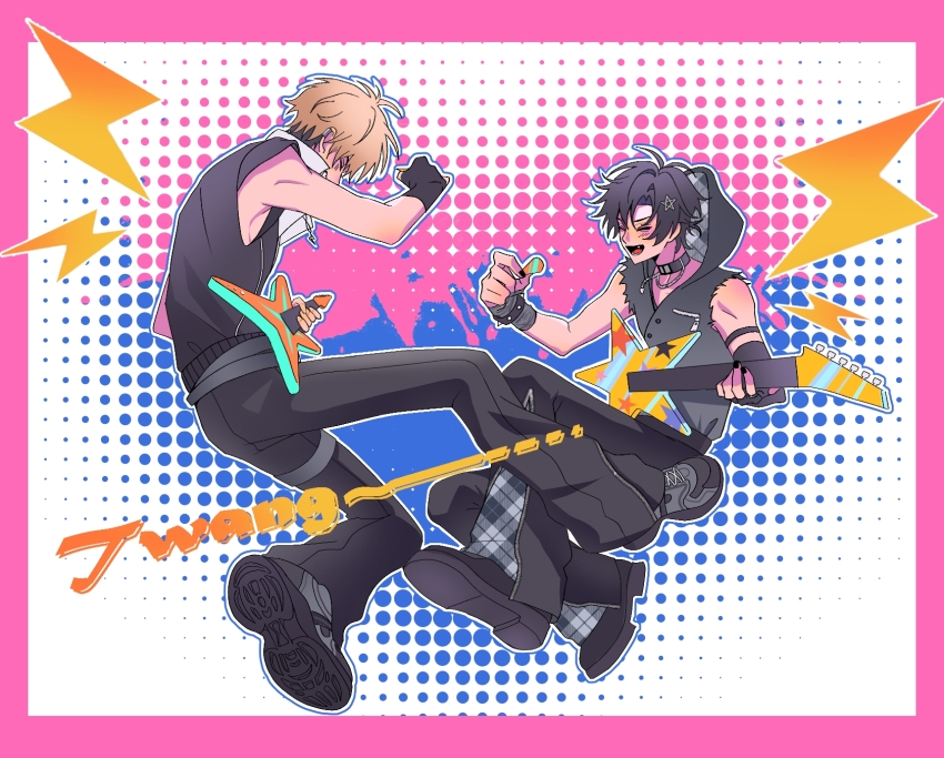 2boys, alternate_costume, black_collar, black_gloves, black_hair, black_hoodie, black_pants, black_shoes