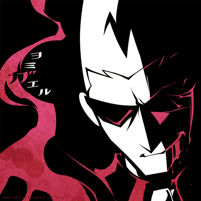 1boy, bad_id, bad_pixiv_id, blood, broken_eyewear, capcom, close-up, dark, evil_smile, fire, formal_clothes, ghost_trick, high_contrast, male_focus, necktie, portrait, simple_background, sissel_(ghost_trick), smile, smirk, solo, sora-mito, spot_color, suit, sunglasses