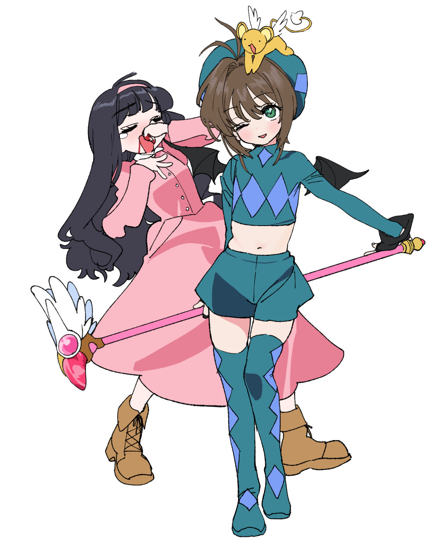 2girls, absurdres, ahoge, bat_wings, belly, black_hair, blood, brown_hair, cardcaptor_sakura, child, closed_eyes, costume, daidouji_tomoyo, dorontabi, green_eyes, hat, highres, kero_(cardcaptor_sakura), kinomoto_sakura, kinomoto_sakura_(dark_night), long_hair, midriff, multiple_girls, navel, nosebleed, one_eye_closed, short_hair, shorts, staff, tears, thighhighs, wings