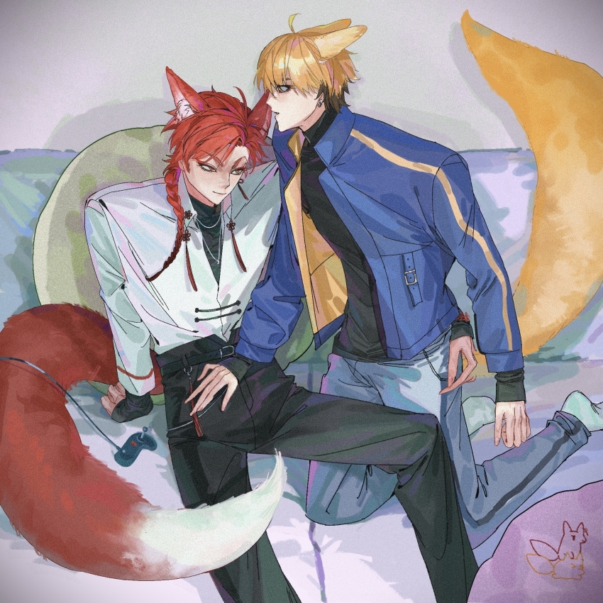 2boys, ahoge, animal_ears, arm_around_another's_waist, bed, belt, bishounen, black_belt