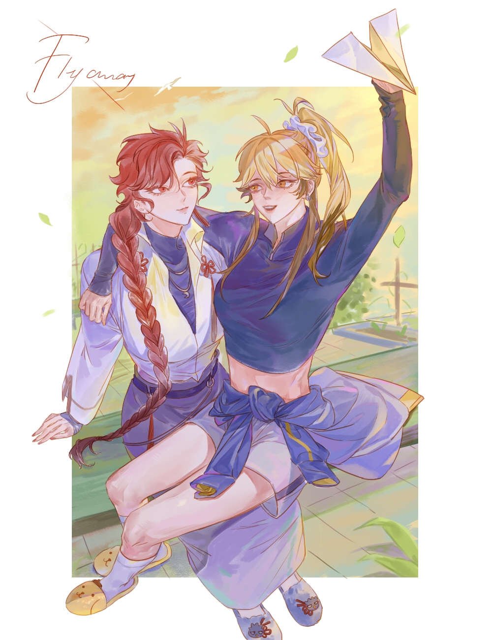 2girls, alternate_hairstyle, arm_around_shoulder, arm_up, belt, black_belt, black_hair, black_shirt