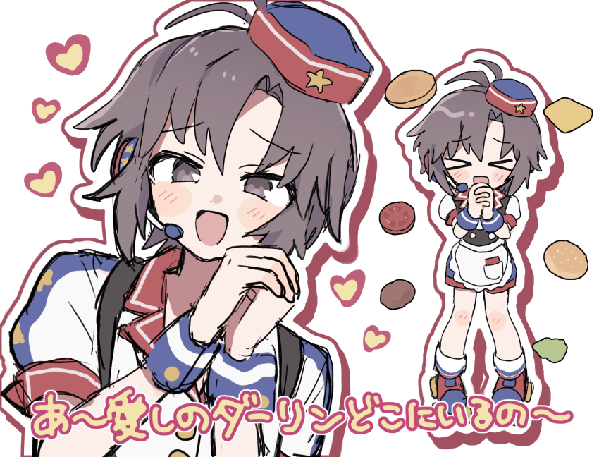 >_<, 1girl, antenna_hair, apron, black_eyes, black_hair, blue_wrist_cuffs, blush