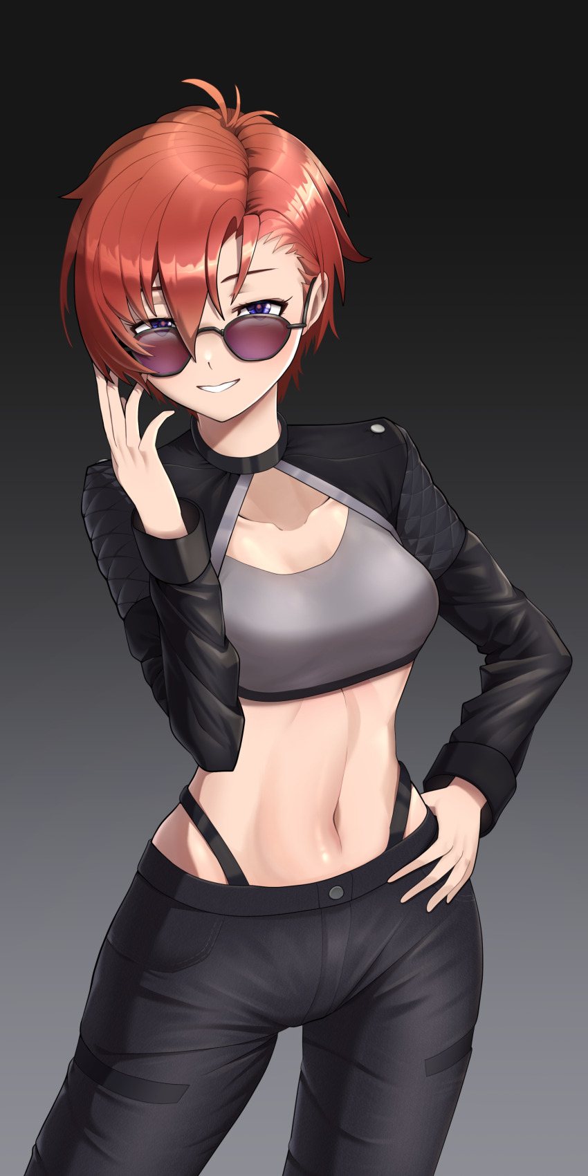 1girl, absurdres, adjusting_eyewear, alternate_hairstyle, asymmetrical_bangs, asymmetrical_hair, black-framed_eyewear, black_panties, black_pants, blue_eyes, breasts, clothing_cutout, collarbone, cowboy_shot, crop_top, eyelashes, gradient_background, grey_background, grin, hair_between_eyes, hair_slicked_back, halterneck, hand_on_own_hip, hand_up, highleg, highleg_panties, highres, idolmaster, idolmaster_million_live!, idolmaster_million_live!_theater_days, jonero99, julia_(idolmaster), long_bangs, long_sleeves, looking_at_viewer, looking_over_eyewear, medium_breasts, messy_hair, midriff, navel, panties, pants, parted_bangs, punk, purple-tinted_eyewear, red_hair, short_hair, smile, solo, standing, stomach, sunglasses, swept_bangs, tinted_eyewear, tomboy, underwear