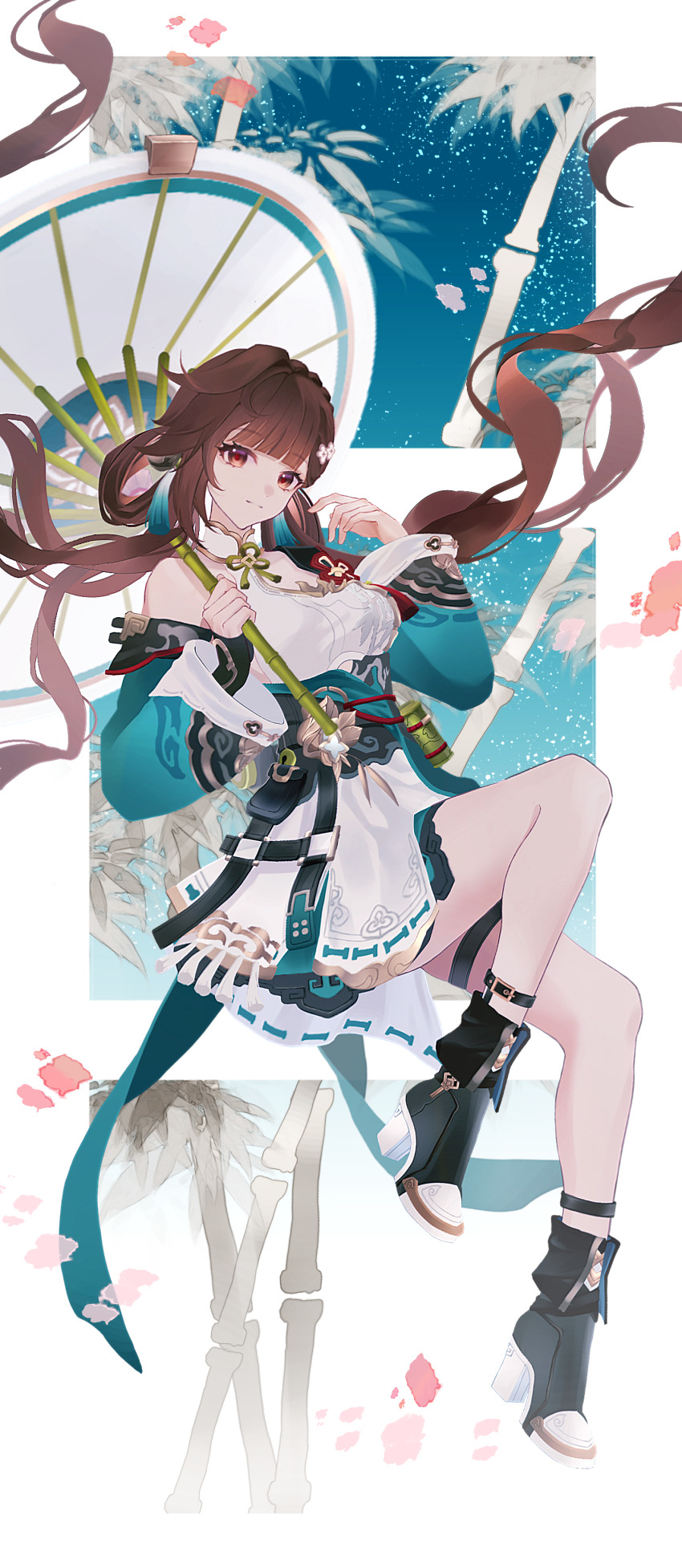 1girl, absurdres, bamboo, bare_shoulders, boots, breasts, brown_hair, dress