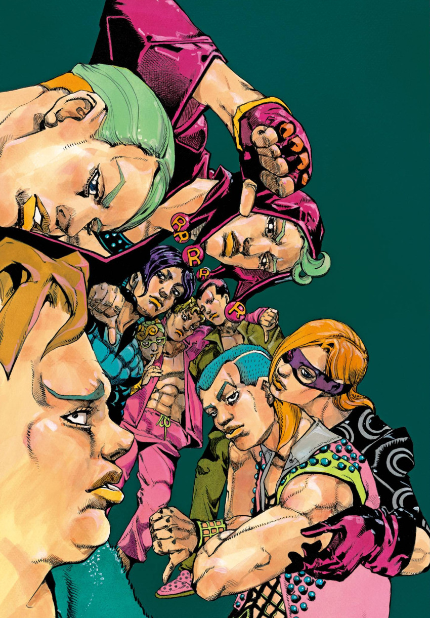 6+boys, abs, araki_hirohiko, black_eyes, black_sclera, blue_eyes, blue_hair, brown_hair