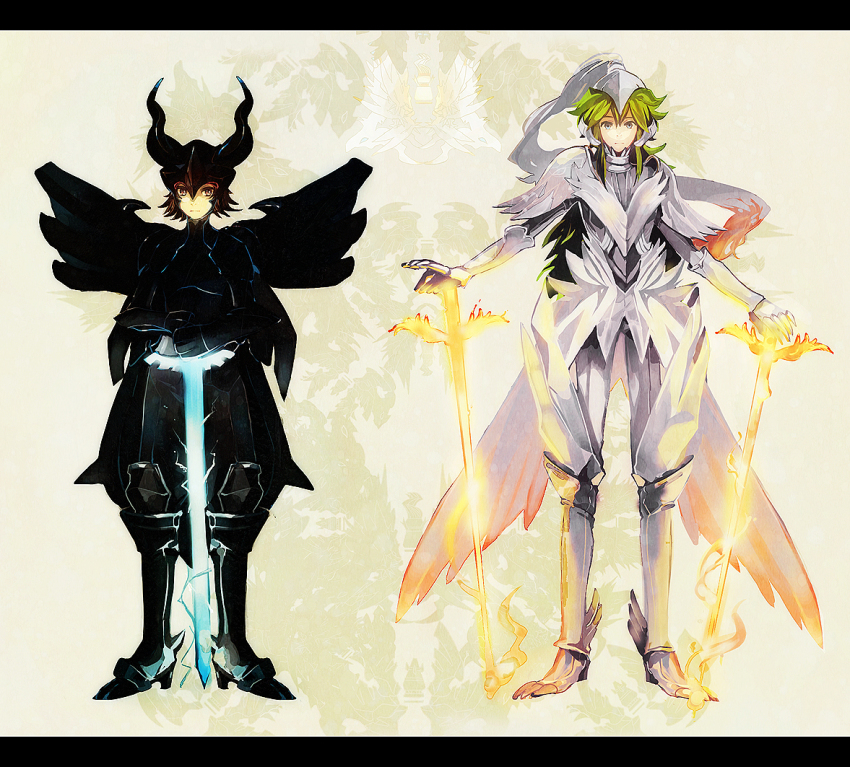 2boys, armor, brown_eyes, brown_hair, cosplay, costume, dual_wielding, gen_5_pokemon, green_hair, hilbert_(pokemon), holding, kunimitsu_(9nimi2), legendary_pokemon, letterboxed, multiple_boys, n_(pokemon), nintendo, personification, pokemon, pokemon_black_and_white, reshiram, reshiram_(cosplay), sword, weapon, zekrom, zekrom_(cosplay)