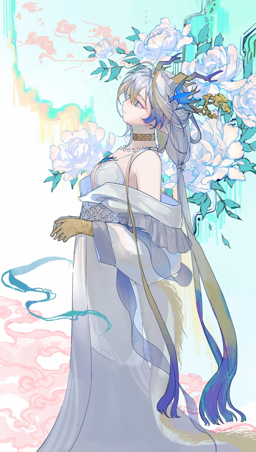 1girl, absurdres, ambience_synesthesia, antlers, arknights, bare_shoulders, blonde_hair, blue_eyes