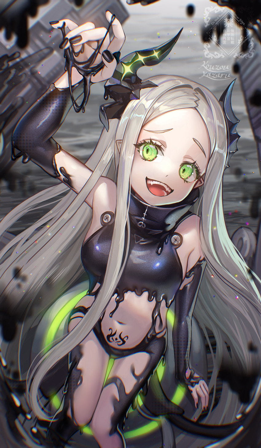 1girl, absurdres, black_horns, black_liquid, black_nails, breasts, fangs, forehead