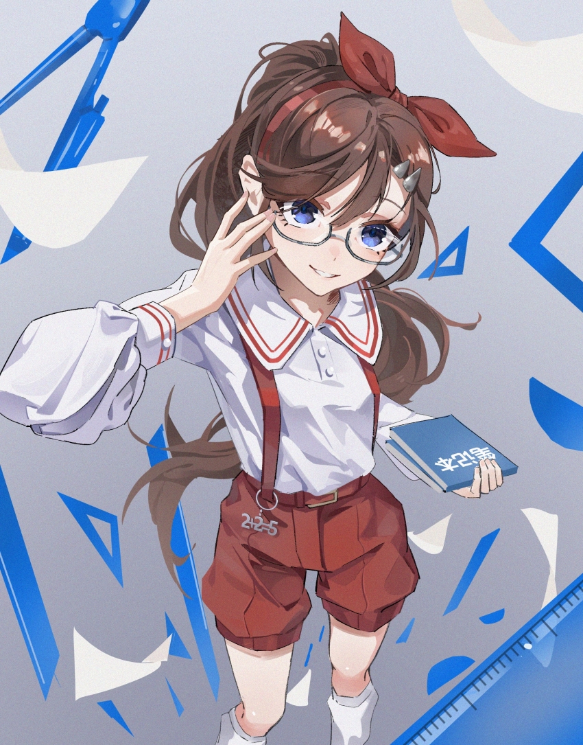 1girl, absurdres, adjusting_eyewear, blue_eyes, book, bow, brown_hair, collared_shirt