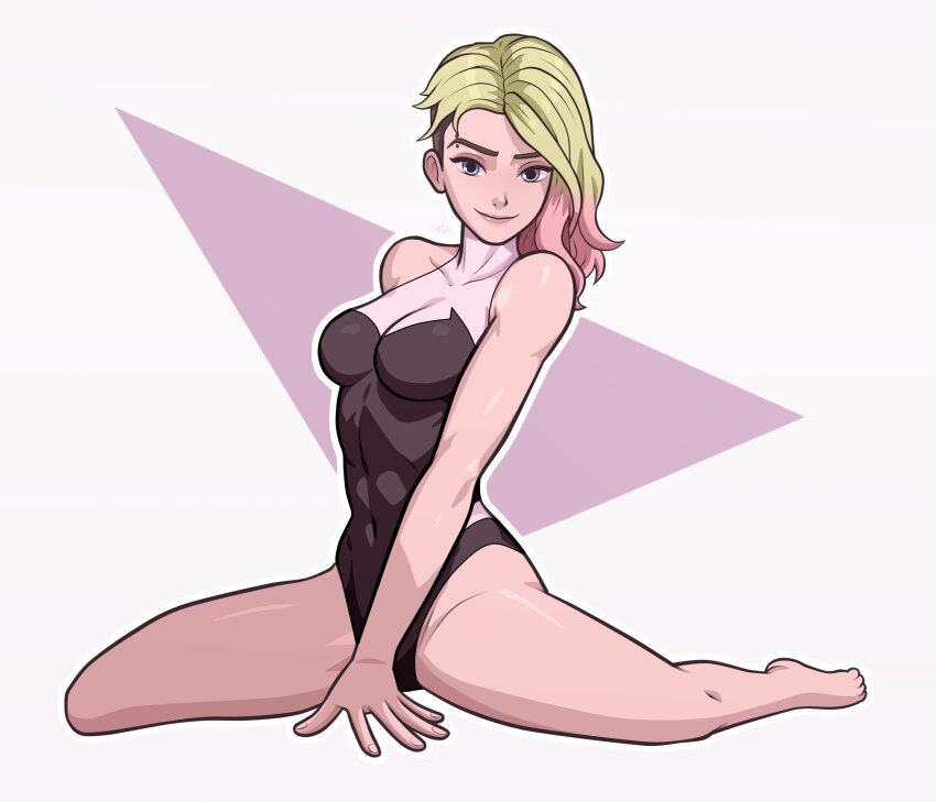 1girl, abs, absurdres, asymmetrical_hair, barefoot, black_bodysuit, blonde_hair, blue_eyes