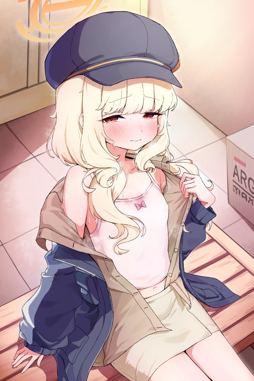 1girl, absurdres, aoba_(blue_archive), black_hat, black_jacket, blonde_hair, blue_archive, blush