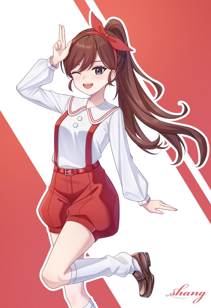 1girl, ;d, absurdres, arm_up, bad_source, belt, blush, brown_hair