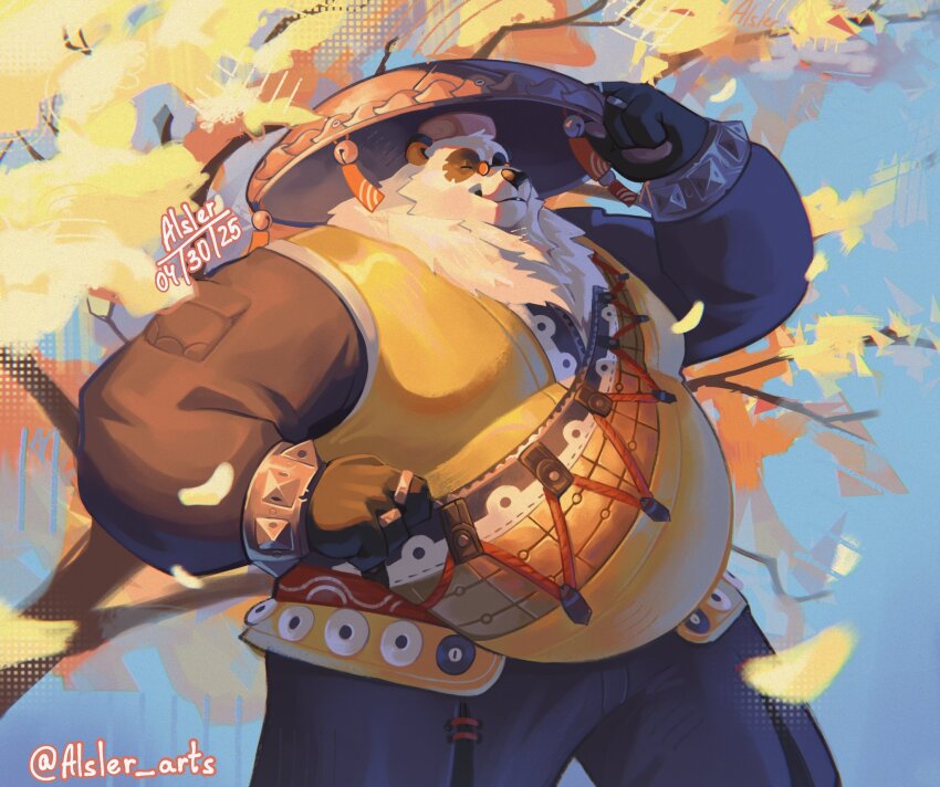 1boy, alsler_arts, animal_ears, artist_name, bara, bell, black_fur, black_pants, bracelet, cake, chinese_clothes, closed_eyes, commentary, dated, english_commentary, fat, fat_man, food, furry, furry_male, hand_on_headwear, highres, jewelry, jingle_bell, looking_to_the_side, male_focus, multicolored_fur, multiple_rings, pan_yinhu, panda_boy, panda_ears, pants, ring, round_eyewear, shirt, smile, spiked_bracelet, spikes, swiss_roll, twitter_username, white_fur, wok, yellow_shirt, zenless_zone_zero