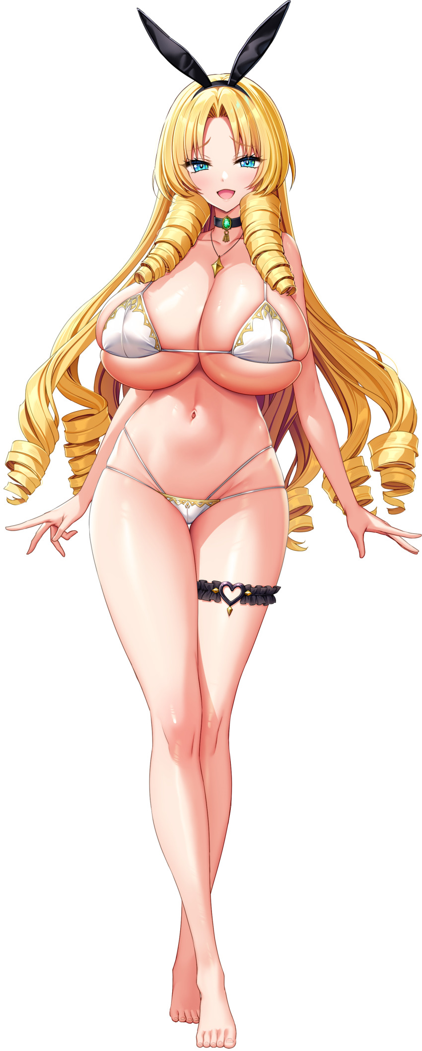 1girl, absurdres, animal_ear_hairband, animal_ears, arms_at_sides, barefoot, bikini, black_choker