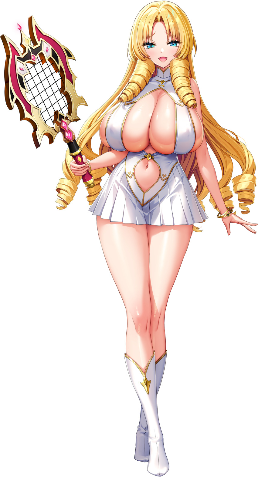 1girl, absurdres, arms_at_sides, blonde_hair, blue_eyes, boots, bracelet, breasts